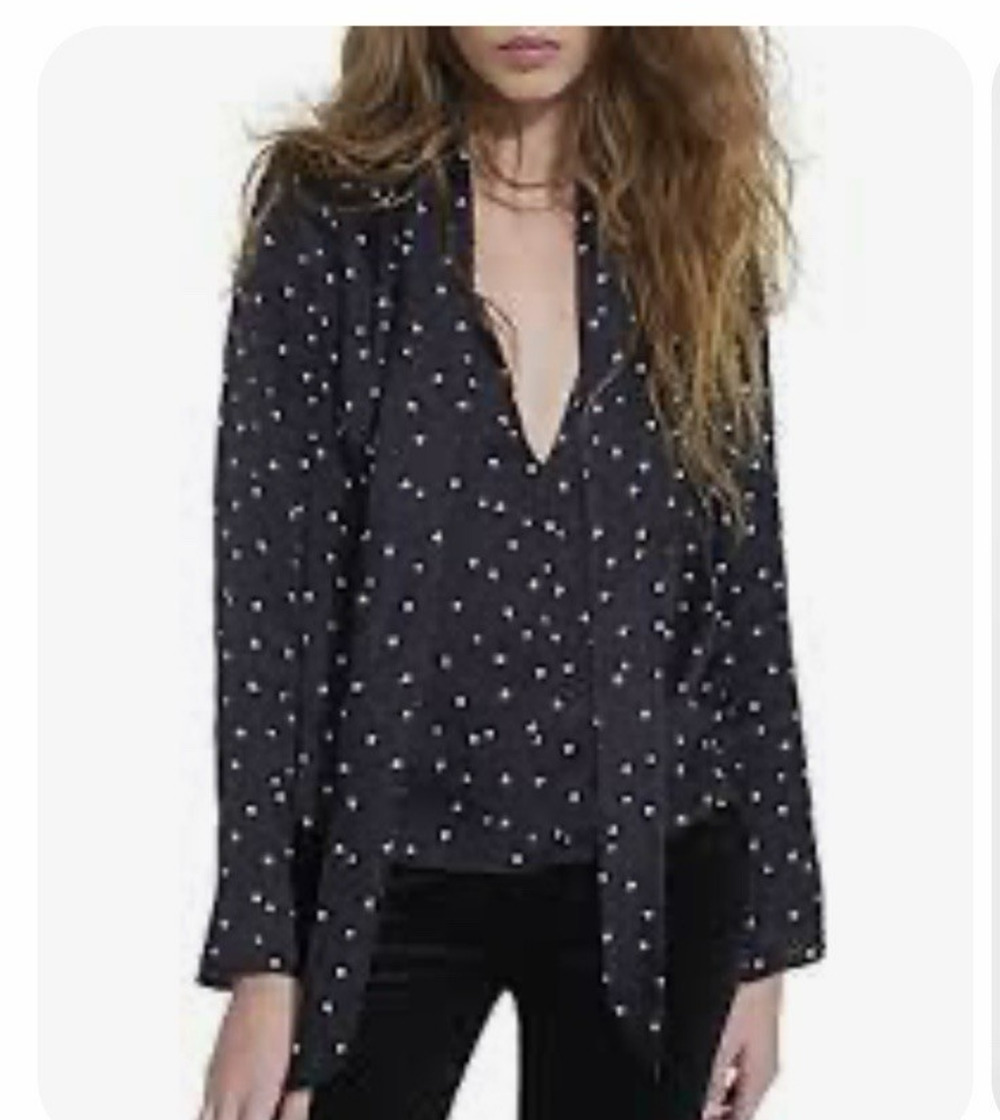 The Kooples Heart Print Tie Neck Blouse Size 2 (US Med) Black Long Sleeves Work
